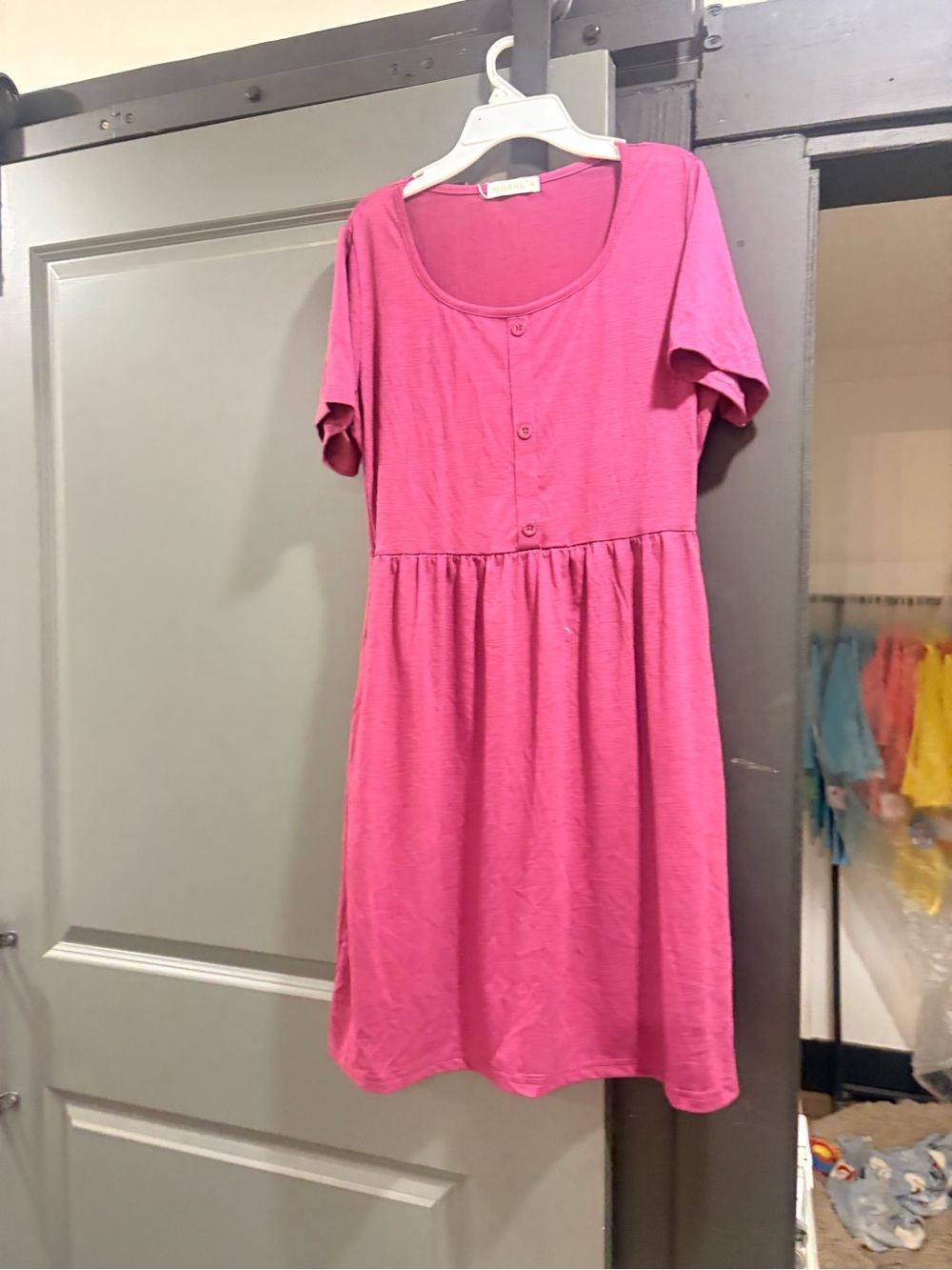 Short Sleeve Scoop Neck Pink Button-Front Dress